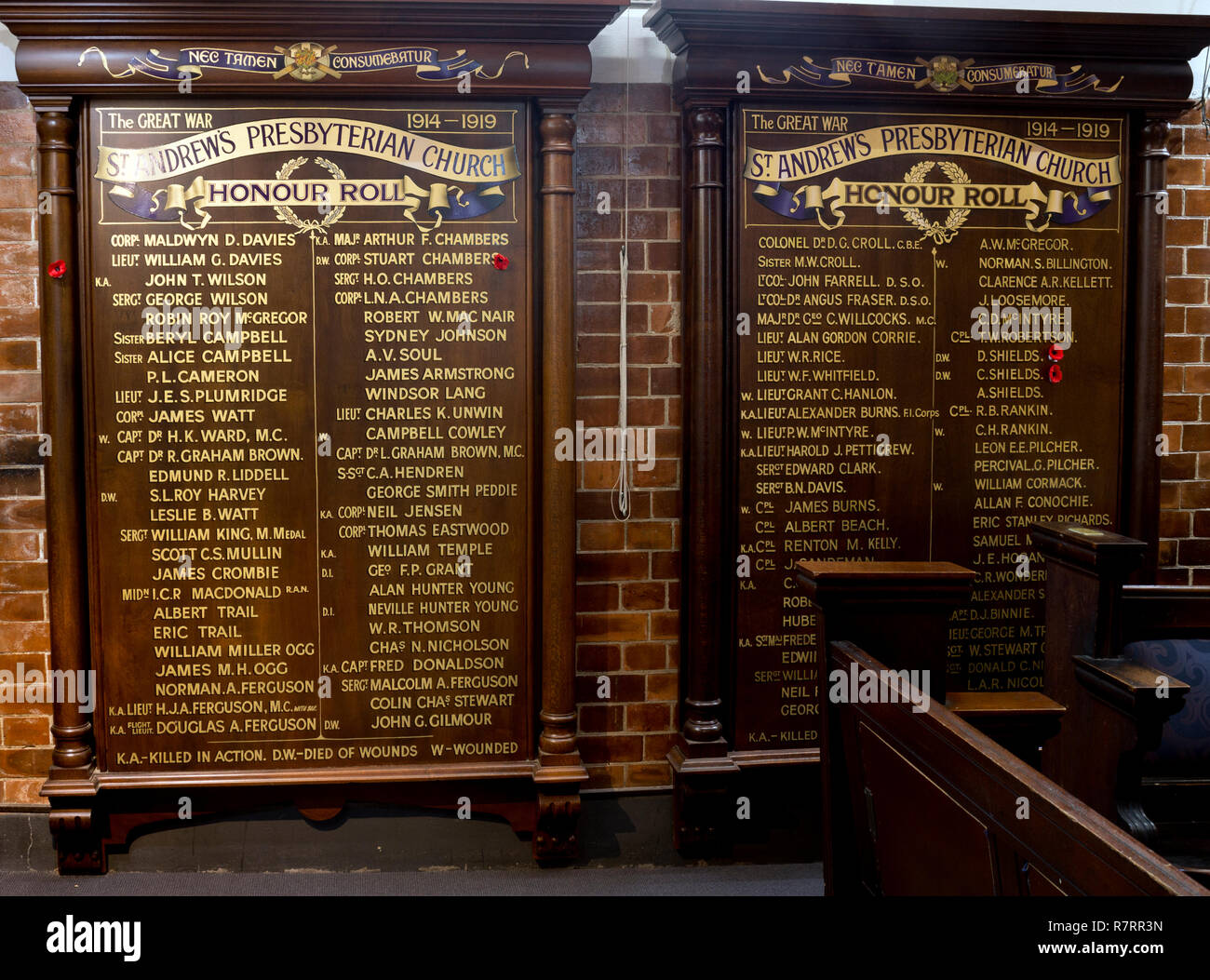 World War One honours board, St. Andrew`s Uniting Church, Creek Street, Brisbane, Queensland, Australia Stock Photo